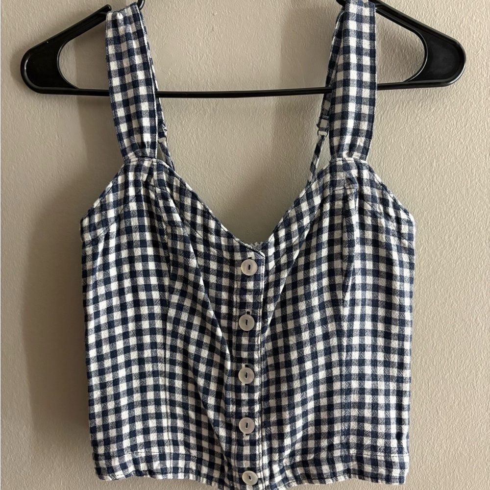 Abercrombie & Fitch Navy and White Gingham Button-Front Crop Tank